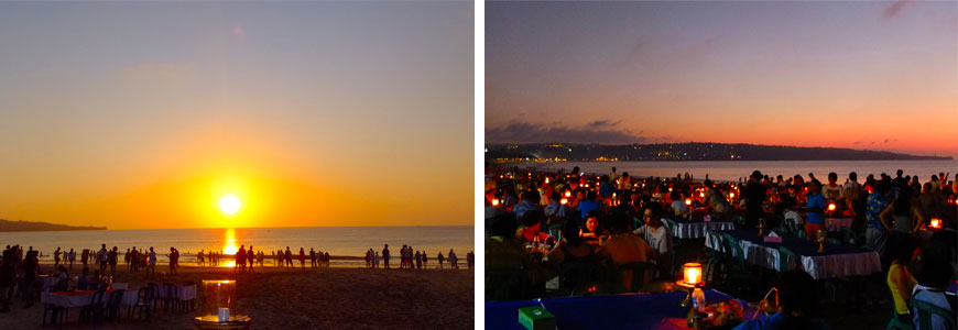 ジンバランビーチの美しいサンセットとイカンバカールを楽しむ人々