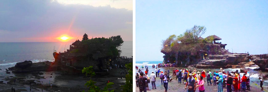 美しい夕日を背に海に浮かぶタナロット寺院と沢山の観光客