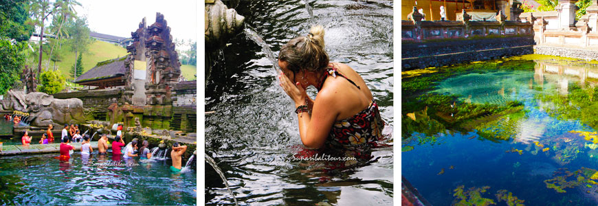 ティルタエンプル寺院で沐浴をする人々と聖なる泉