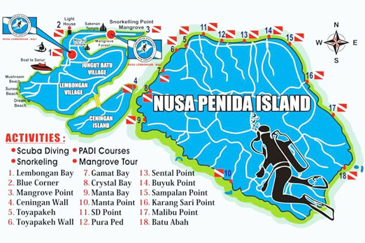 レンボンガン島ペニダ島シュノーケリングポイントのマップ