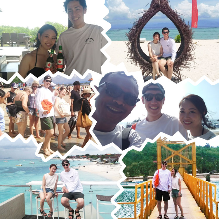 レンボンガン島の色々な観光スポットやきれいな海を背景に笑顔で寄り添うお客様カップルの記念写真の数々