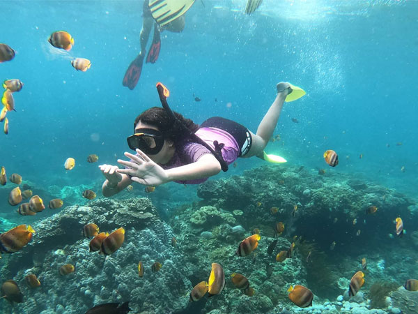 綺麗なサンゴ礁と沢山の熱帯魚の中を泳ぐ少女