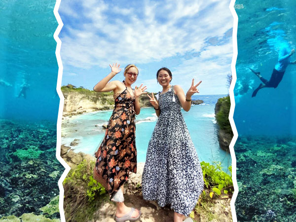 チュニガン島のブルーラグーンで笑顔たくさんの2人の女性モデル