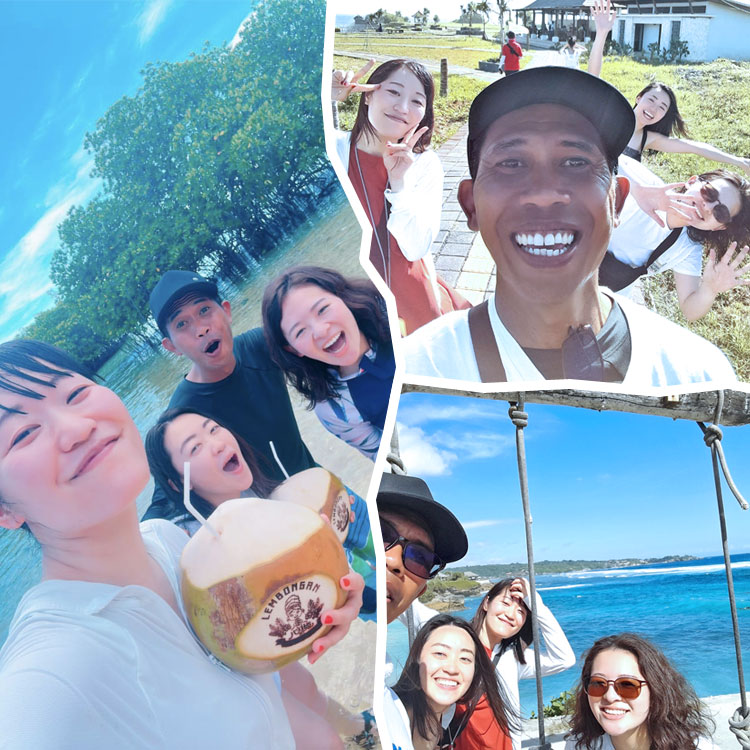 レンボンガン島で楽しむ女性3人組と自然豊かなレンボンガン島の景色とバリ姫ちゃんが刻印されたココナッツジュースをもつ笑顔のお客様
