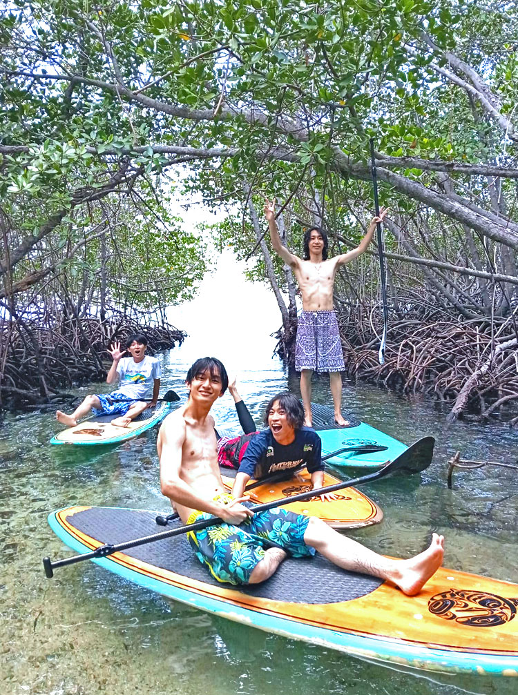 マングローブの川でSUPの上でさまざまポーズをする仲良しの男性4人組