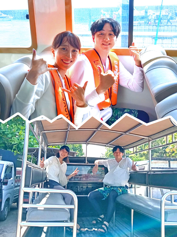 スピードボート＆レンボンガン島のオープンカーに乗って笑顔の仲良し新郎新婦