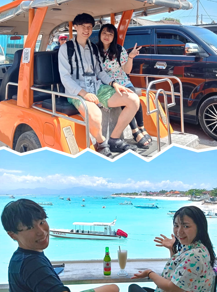 レンボンガン島での移動のお車に乗って笑顔のカップル＆レンボンガンの海を見渡せるレストランでランチを楽しむカップル