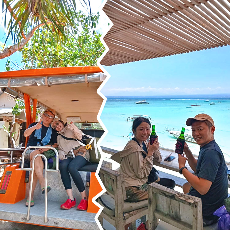 レンボンガン島の移動に用意したオープンカーに乗るカップル