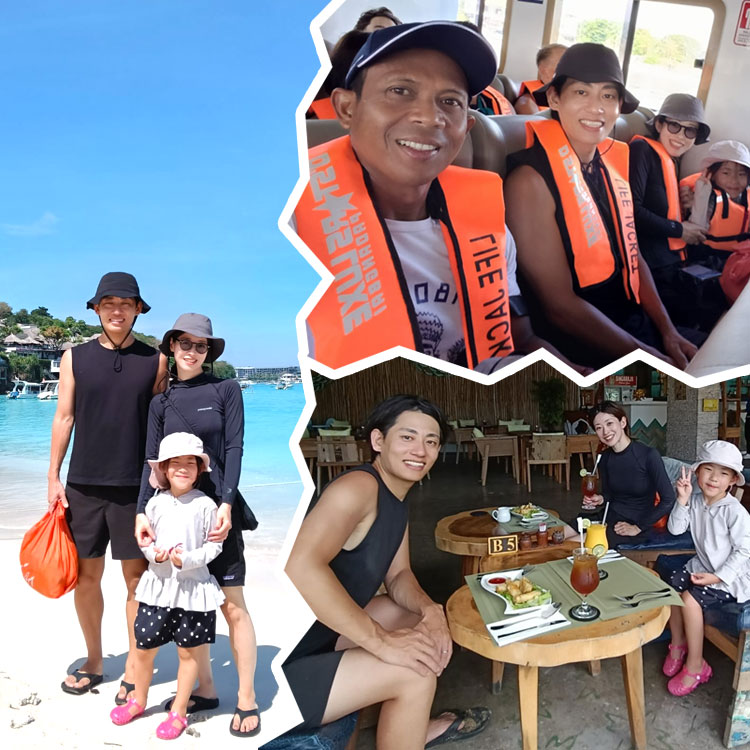 キレイなレンボンガン島のビーチで記念撮影をする笑顔のご家族様