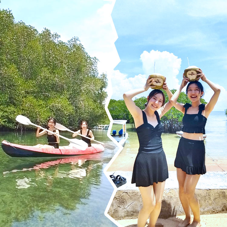 レンボンガン島のマングローブでカヤックを楽しむ仲良し女性2人組