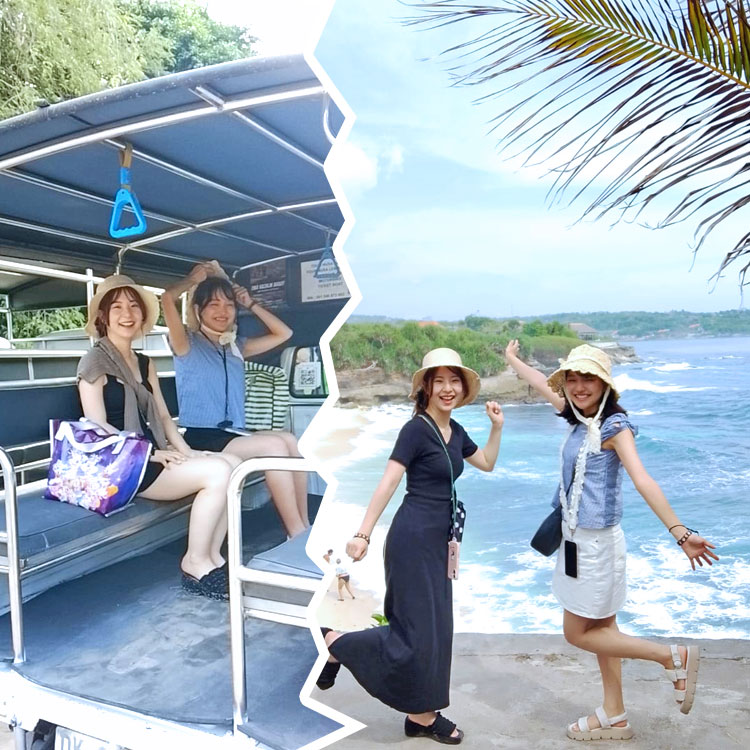 レンボンガン島移動の車に乗って笑顔の仲良し女性2人組